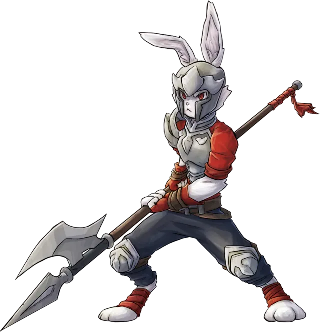 Oliver, the rabbit warrior, in a combat stance with his halberd