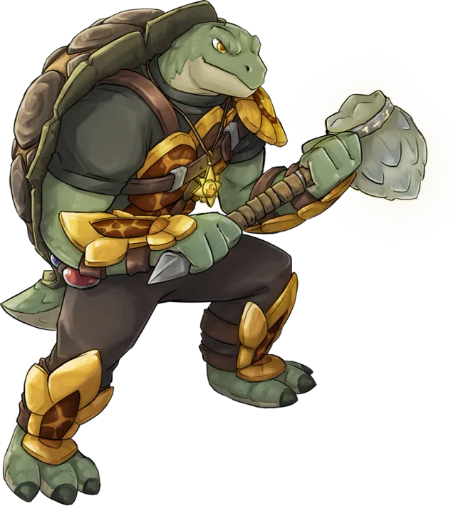 Tiberius, the turtle priest, with his hammer on his shoulder