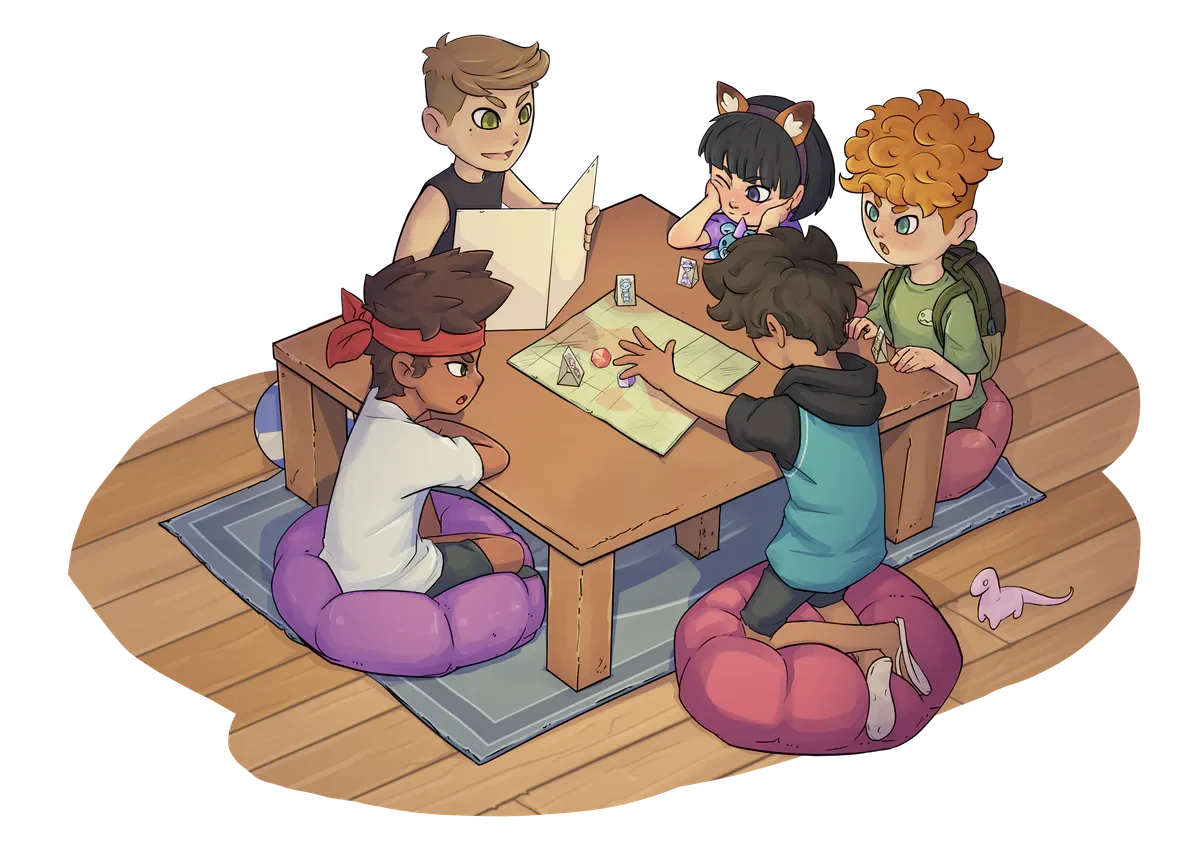 テーブルを囲んでRPGを遊ぶ子どもたち